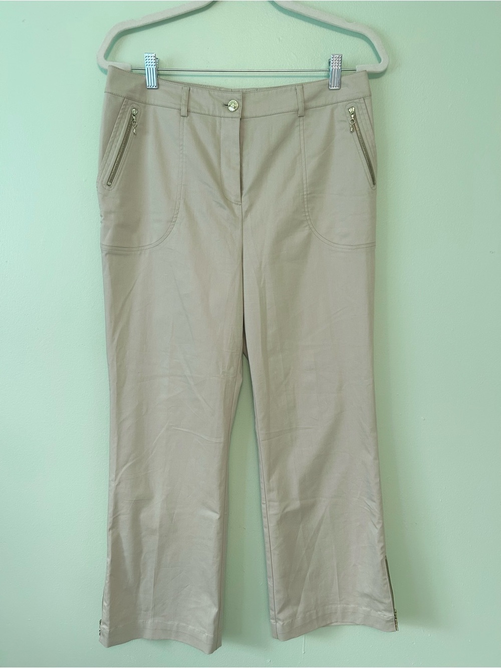 St. John Sport Khaki Lightweight Wide Leg Cotton Blend Trouser Pants Size 10